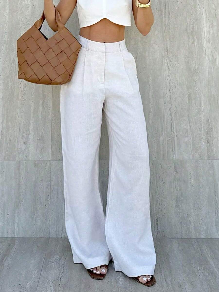 Pantalones de pierna ancha de mujer 2026 nueva llegada, tiro alto casuales y fashion, con diseño exclusivo y personalizado, elegantes para oficina versátiles - Blanco - Ver 1