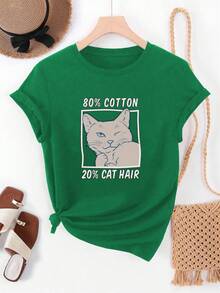 Women's Short-Sleeved T-Shirt With Round Neck And Cat Hair Print, 80% Cotton 20% Polyester, Casual Summer Style. - 黑色 - 查看 7