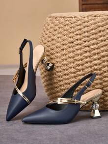WHDXY Navy Blue Pointed Toe Backless High Heel Shoes, Metal Buckle Asymmetric Heel Sandals, Suitable For Suits/Dresses Daily Wear - Navy Blue - View 6