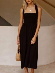Vestido tirantes cuello barco algodón lino unicolor espalda descubierta elegante sensual estilo europeo verano - Negro - Ver 4