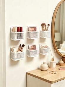 1 Stück weiße wandmontierte Mesh-Aufbewahrungsbox ohne Bohren, perforierte Mesh-Ablauf- und atmungsaktive wandmontierte Aufbewahrungsbox, zum Aufbewahren von Gewürzpäckchen, Teebeuteln, Kaffeebeuteln und kleinen Artikeln, modisch, einfach und platzsparend, für Kühlschränke, Badezimmer, Schminktische, Büros und Klassenzimmer - Weiss - Übersicht 5