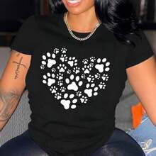 Plus Size Women's Vintage Casual T-Shirt With Round Neck And Heart And Paw Print Design, Stretch Cotton Fabric, Fashion Top For All Seasons. - 黑色 - 查看 7
