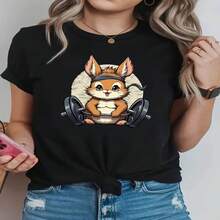 Women's Sexy Casual Black Cotton T-Shirt with Cute Weightlifting Bunny Print Short Sleeve Round Neck Regular Fit Top - Negro - Ver 1