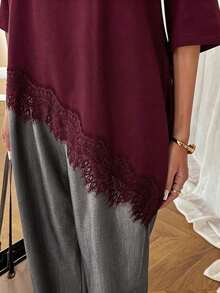 LUNE Women's Casual T-Shirt With Asymmetrical Lace Hem, Solid Color, Everyday Basics, Casual Spring/Summer Blouse For Women's Vacation, Summer Vacation For Women, Spring For Women, Spring Vacation, Beach Top - 紅色的 - 查看 8