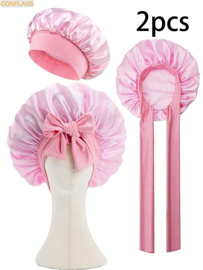 2PCS Round Hat Bow Ribbon Sleep Cap Set Satin Sleep Bonnets For Women - Pink Hair Bonnet With Bow & Tie Band, Soft Silk Night Cap For Curly Hair, Overnight Hair Care, Anti-Frizz Hair Wrap