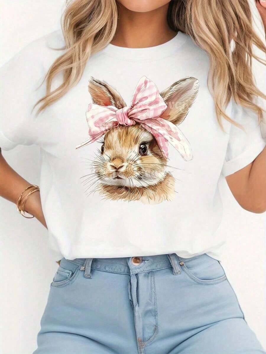 Plus Size Soft Breathable Short Sleeve T-Shirts For Women - Casual Loose Fit Tops For Everyday Wear, [Special Holiday Offer] Cute And Fun Easter Style: Women's Spring/Summer Short Sleeve Crew Neck T-Shirt With Plaid Bow And Bunny Print, Suitable For Casual Shopping, Holiday Gifts, Friends Gatherings, Music Parties, And Holiday Wear. Breathable And Comfortable. - 白色 - 查看 1