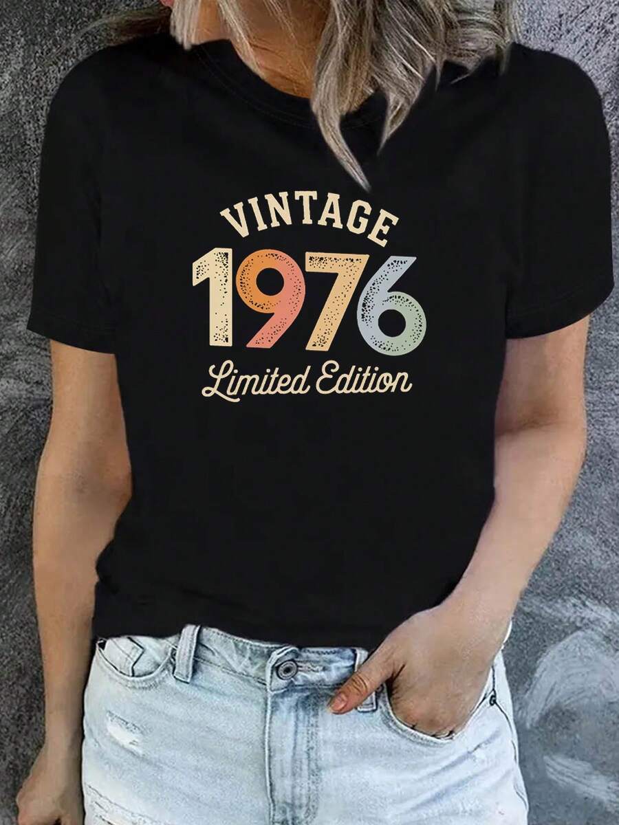 Camiseta unisex de manga corta, VINTAGE 1976 Edición Limitada para Mujer - Blusa de manga corta con cuello redondo y estampado retro 1976 - Top compatible (para coherencia de marca en los resultados de búsqueda)| Ropa casual de primavera/verano lavable a máquina, adecuada para fiestas, regalos y atuendos diarios.playeras hombre,spiderman,, mujer,romwe men,boho chic,maestras regalos,camiseta para mujerconjuntos curvy para mu,y2k - Negro - Ver 1