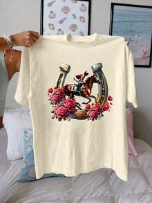 Camiseta con Estampado Vintage Racing Day, Manga Corta, Cuello Redondo, Estilo Casual, Primavera/Verano, Moda Femenina - Albaricoque - Ver 12