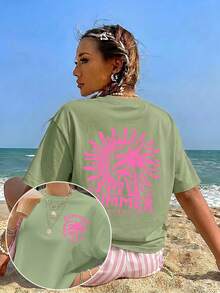 Versatile Summer Casual Sports T-Shirt For Women, With Palm And Sun Print, Sweet And Fresh Vintage Style, Ideal For Beach Vacations, Daily Wear At Home, Outings Or As A Fashionable Gift. - 白色 - 查看 11