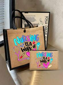 Caring Is A Labor Of Love - Tote Bag And Wristlet Set, This Canvas Tote Bag Features Stethoscope And Medical Elements, Making It The Perfect Gift For Nurses, Nursing Students, Doctors, And Healthcare Professionals. The Large Capacity Tote Bag Has A Sturdy Handle, Suitable For Work, Clinic, Hospital, And Travel Use. - Multicolor - View 3