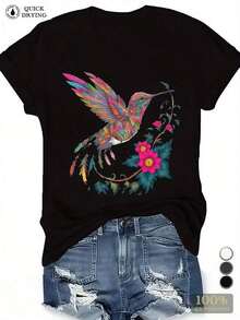 Camiseta Nueva de Verano 2026 para Mujer - Algodón 180g Cuello Redondo Negro con Estampado Artístico de Colibrí y Flores - Suave, Transpirable y Casual - Negro - Ver 9