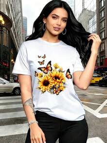 Plus Size Women's T-Shirt - Sunflower And Butterfly Print T-Shirt - Women's Fashionable Casual Summer Urban T-Shirt, Red Print, Round Neck And Short Sleeve, Suitable For Summer/Autumn Wear, Best Gift Idea For Thanksgiving, Christmas And New Year. - 白色 - 查看 7