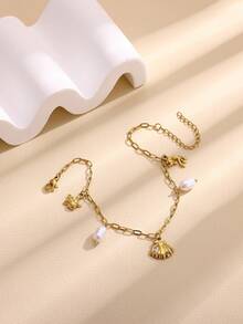 1 chiếc vòng chân hai lớp hình sao biển và ngọc trai bằng thép không gỉ mạ vàng 18K, phụ kiện đi biển mùa hè, quà tặng hàng ngày cho phụ nữ - Vàng - Xem 9