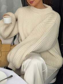 Yepolly-Pop Women Autumn Winter Chunky Ribbed Knit Sweater, Cream White Oversized Drop Shoulder Long Pullover, Casual Daily Wear - Apricot - View 4