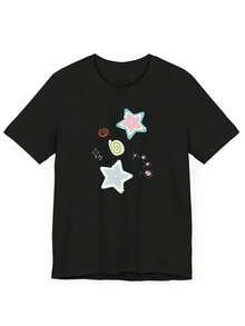 1 pcsWomen's T-Shirt, Pure Cotton Black Short-Sleeve Tee, Adorned With Playful Star Graffiti Logo, Soft And Slightly Stretchy Round Neck Design, Casual, Cool, Breathable, With A Unique And Eye-Catching Appearance,  And Cool Style Top, Suitable For Everyday Casual And Relaxed Wear180g Algodón 100% - Negro - Ver 7