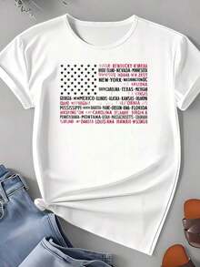 Casual Short-Sleeved T-Shirt With State Name Print, Patriotic Clothing To Celebrate US Independence Day, Ideal For Daily Outings And National Holidays, Summer T-Shirt. - 白色 - 查看 3