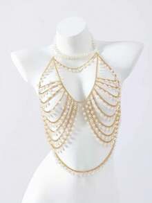 ZHENGHEN Sexy Y2K Fringe Crop Top, Baddie Metal Chain Bra, Bikini Style, Women's Party Rave Body Chain - Gold - View 7