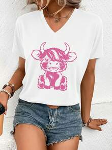 Casual T-Shirt New Women's Short Sleeve V-Neck T-Shirt For Spring And Summer, With A Stylish Printed Design, Made Of Soft And Comfortable Fabric, Easy Care And Machine Washable, Perfect For Outings And Home Wear During Spring And Summer 100% Cotton Durable - 白色 - 查看 1