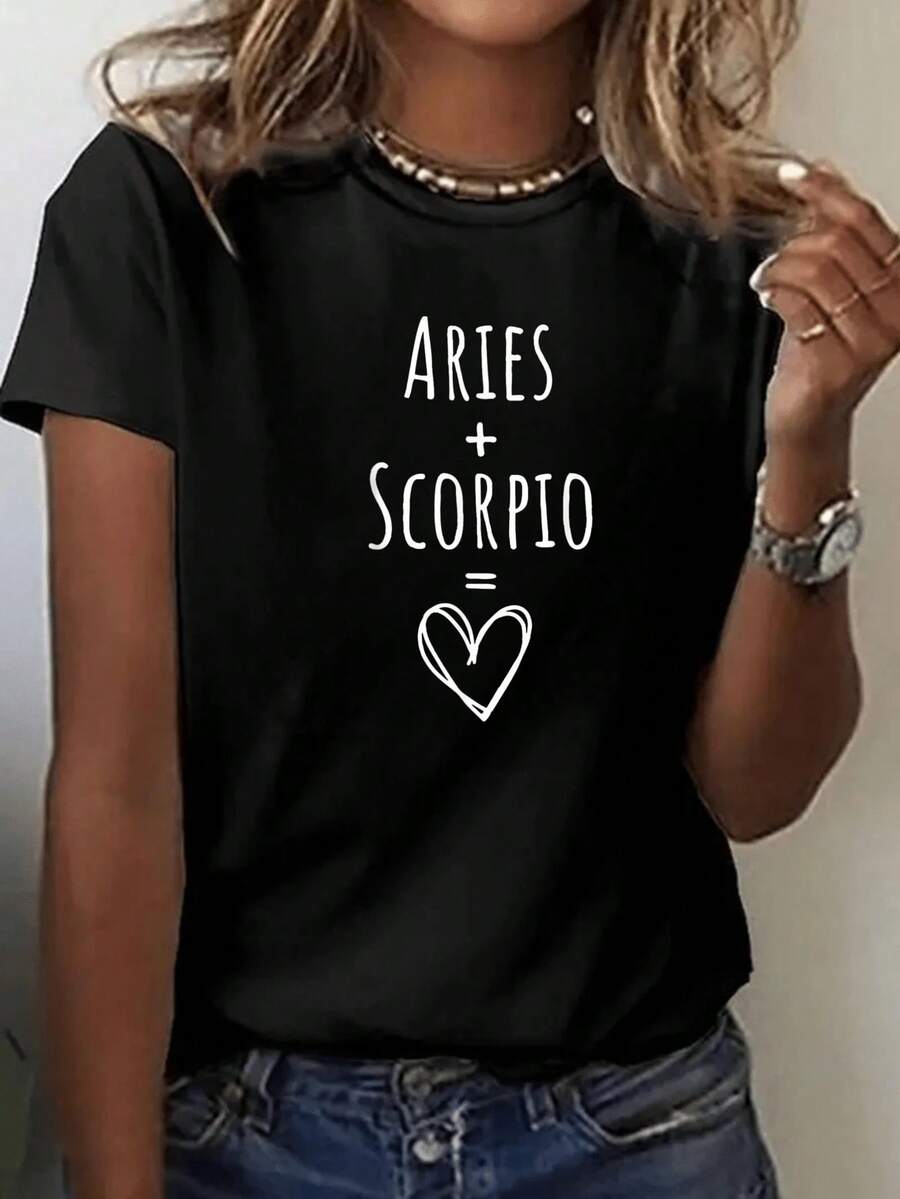Minimalist White Cotton T-Shirt With Heart Print Aries Plus, Women's Summer Casual Clothing, Simple Solid Color T-Shirt, Loose Fit, Casual Short Sleeve - 黑色 - 查看 1