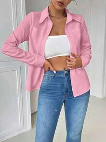 Blusa blanca casual con cuello y bolsillo, de manga larga ajustada para mujeres - Rosa - Ver 5