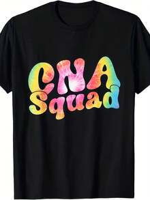 Camiseta Gráfica de Asistente de Enfermería CNA - Estampado Tie-Dye con Letras de Arcoíris y Símbolos Médicos, Camiseta Casual de Manga Corta Unisex para Hombres y Mujeres, Ropa Casual Cómoda, Regalo de Ropa de Enfermería para CNA, Trabajadores de la Salud - Negro - Ver 1