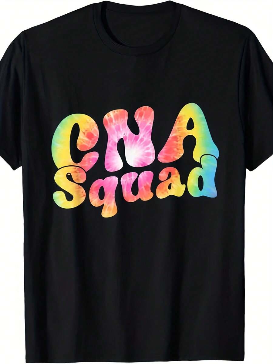 Camiseta Gráfica de Asistente de Enfermería CNA - Estampado Tie-Dye con Letras de Arcoíris y Símbolos Médicos, Camiseta Casual de Manga Corta Unisex para Hombres y Mujeres, Ropa Casual Cómoda, Regalo de Ropa de Enfermería para CNA, Trabajadores de la Salud - Negro - Ver 1
