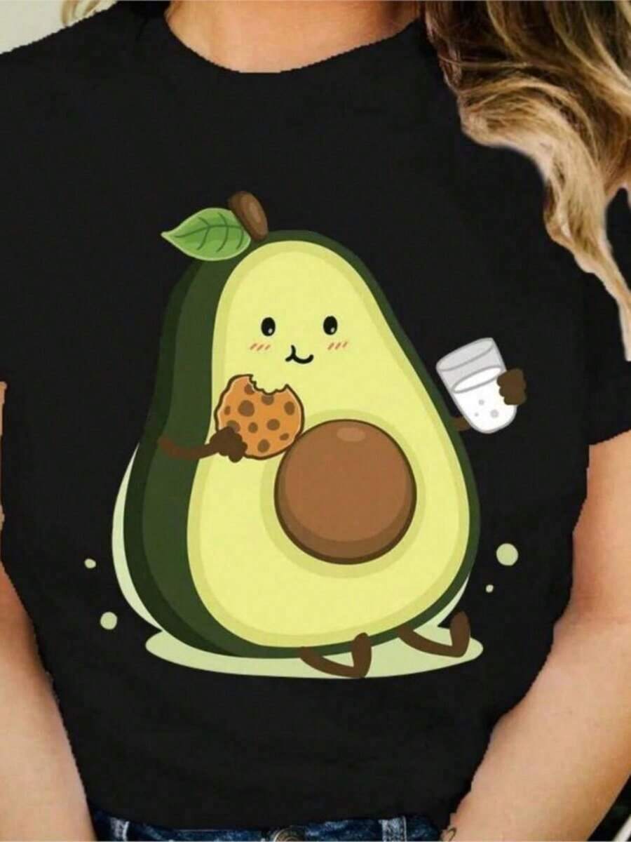 Diseño Sencillo y Versátil, Hermosa Camiseta de Aguacate para Mujer, Tops de Verano, Camiseta Casual Holgada con Estampado de Dibujos Animados, Estética Retro Harajuku, Ropa Urbana para Damas, Camiseta de Algodón. - Negro - Ver 1