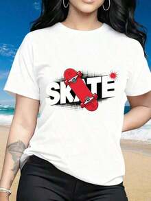 Mujeres Informal Redondo Cuello Corto Manga Impreso Camiseta casual Calle Estilo Mujeres Camiseta Patineta Gráfico Verano Playa Desgaste Regalo Para Patineta Adecuado para entusiastas Para Navidad Deportes de Grupo ActividadesVacacionales Partiesingssports Y Otros Vacaciones Regalos (220 g). Conjuntos de Verano para Mujer, Ropa Fresca de Verano - Blanco - Ver 5