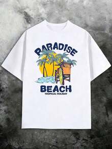 Camiseta de algodón con estampado gráfico para mujer, de manga corta, informal, con estampado de playa paradisíaca, top ligero y transpirable para vacaciones de verano, ropa fresca de moda p - Blanco - Ver 3