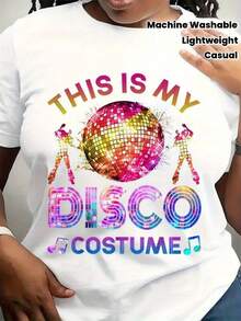 Women's Graphic T-Shirt "This Is My Disco Costume" - Birthday Party Outfit, Retro 70s Disco Theme, Soft, Breathable, Lightweight, Crew Neck, Short Sleeve, Disco And Dance Silhouettes, Machine Washable, Casual Summer Top For Everyday Wear And Themed Events. - 白色 - 查看 7
