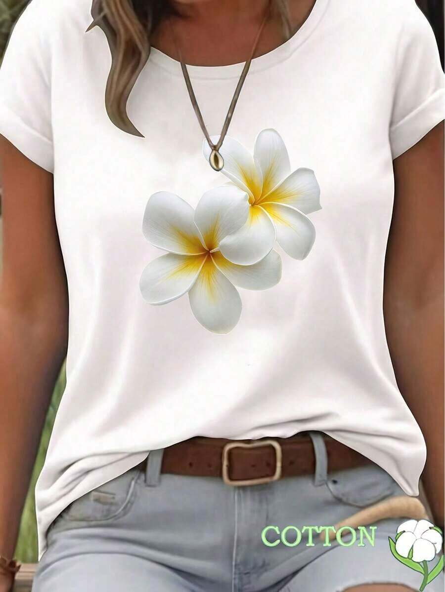Oferta por tiempo limitado, compra limitada, flash oferta, Camiseta de Mujer Suave y Transpirable con Estampado Floral Plumeria - Cuello Redondo Clásico, Ajuste Elásticaoide para Uso Diario Casualmente Lavable a Manos Cómoda en Todas las Temporadas Versátil Para cualquier ConjuntoDiseño Inspiración Hawaiana Cami Relajada Atuendo Cotidiano Top Modern Material Ligero Playera Impresa Armario Veraniego Esenciales De Rop - Blanco - Ver 1