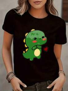 Camiseta de mujerMujer Camiseta de Manga Cclothesta con Dinosaurio Kawaii Estampado de Cclothesazón Diseño Divertido y Tierno para Adolescentes y Mujeres Amantes de los Animales Estilo Casual Verano 2023Cómoda y ligera - Negro - Ver 3