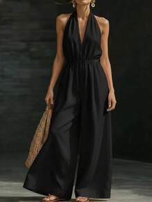 New Women's Summer Jumpsuit, Designer, Elegant, French Style, V-Neck Halter Top, Perfect For Office, Daytime Looks And Casual Occasions, Flattering - 黑色 - 查看 4