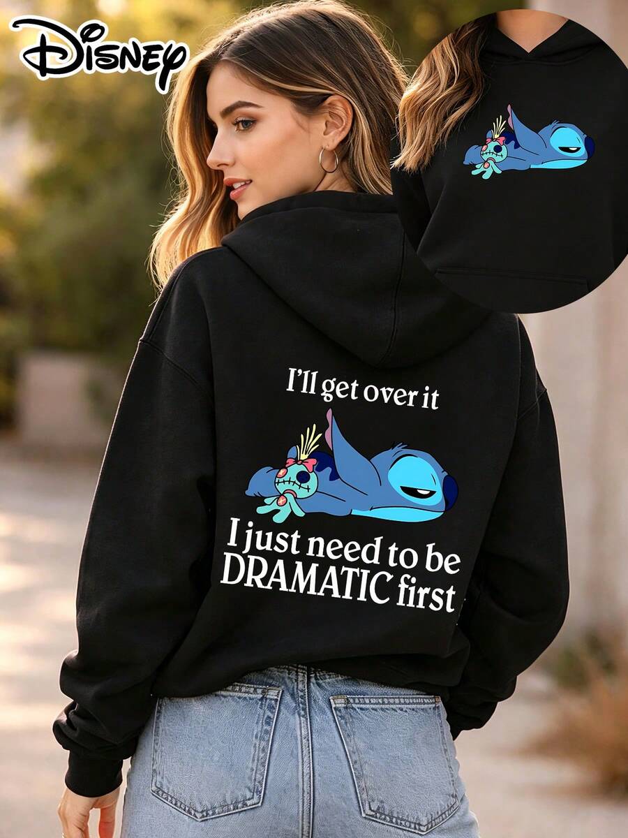Disney Official Authorization | Women's Hoodie With Double-Sided Prints Of Stitch's Funny Quotes. Loose Oversize Fit, Suitable For Fans Of All Ages, Ideal For Daily Casual Wear, Outings And Shopping, Also A Great Gift Option. - 黑色 - 查看 1
