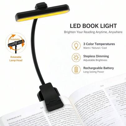 Luz de lectura recargable de 24 LED con función de memoria para leer en la cama - 3 temperaturas de color que cuidan los ojos, brillo regulable sin escalones, 90 horas de autonomía, ligera y con pinza para libros para amantes de la lectura