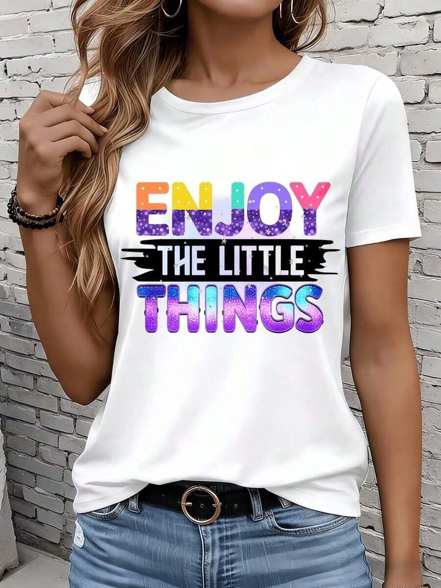 Disfruta de las Pequeñas Cosas - Camiseta de Mujer con Estampado de Purpurina Arcoíris, Top Casual de Moda para Uso Diario, Ocio, Aire Libre, Vacaciones, Fiestas, Regalo. Camiseta de Manga Corta para Mujer, Ocio, Aire Libre, Hogar, 220g. - Blanco - Ver 1
