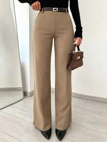 SMILE CHI 2026 Spring/Summer New Women's Casual Elastic Straight-Leg Pants, Versatile, Flattering, Breathable & Comfortable Fabric, Suitable For Commuting, Office Wear (Belt Not Included) - Khaki - View 3