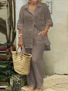 Cardigan casual con cuello polo ligero, blusa elegante de unicolor versátil adecuada para la playa, el diario, el trabajo, las compras, de tela suave, pantalones sueltos con cintura elástica, conjunto de 2 piezas, primavera/verano/otoño - Marrón - Ver 4