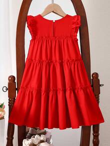 Young Girls' Red Lace Cap Sleeve Layered Frill Trim Sweet Princess Dress, Spring/Summer - Red - View 2