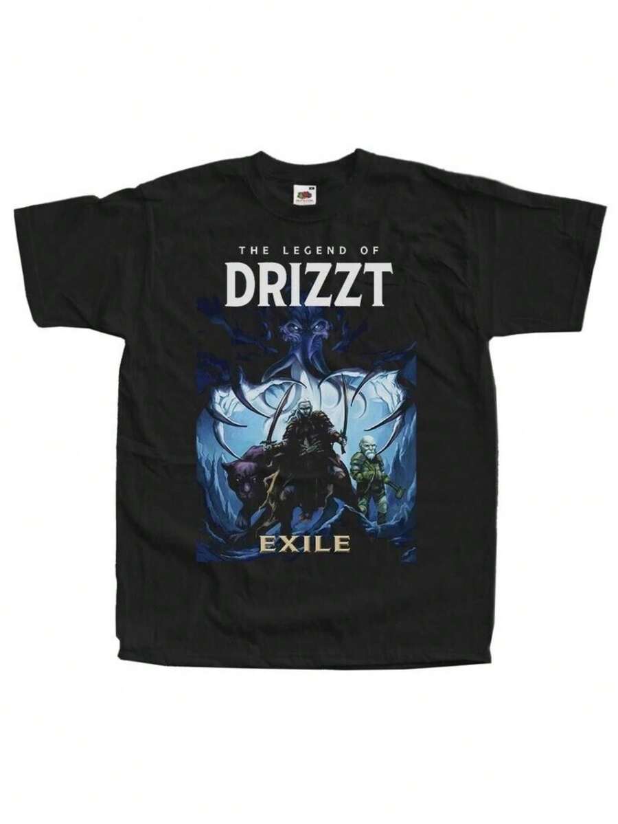 Camiseta Gráfica "La Leyenda de Drizzt Do'Urden EXILE" - Camiseta Negra Casual de Cuello Redondo con Arte Vibrante del Personaje, Elasticidad Media, Comodidad para Todas las Temporadas, Perfecta para los Fans de la Serie, Mercancía para Fans |   Camiseta con Estampado de Personajes |   Ajuste cómodo, una camiseta de manga corta adecuada para el hogar, el uso diario, fiestas y viajes-perfecta como regalo para amigos o familiares. - Negro - Ver 1