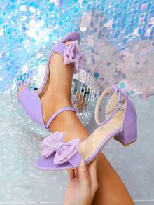1 par de sandalias de tacón alto cómodas con decoración floral de moda para adolescentes, adecuadas para fiestas, bailes y bodas - Morado - Ver 2