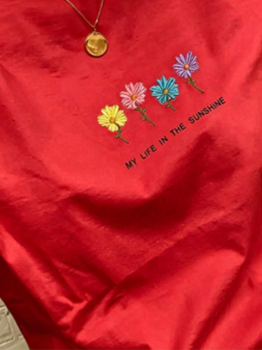 Women's Round Neck Short Sleeve T-Shirt With Multicolored Embroidered Flowers "My Life In The Sunshine" Casual - Red - View 1