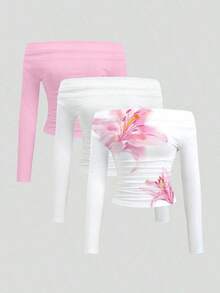 Conjunto de 3 piezas para mujer: Blusa de manga larga hombros descubiertos, blusas cortas entalladas, cómodas y amigables con la piel, versátil y estilizador - Multicolor 8 - Ver 8