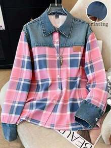 Camisa de efecto de mezclilla de parchwork casual para mujer, otoño/invierno - Blanco - Ver 3