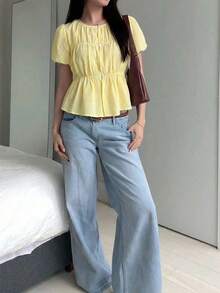Camisa de mujer con mangas cortas y rayas, uso casual de oficina - Amarillo claro - Ver 4
