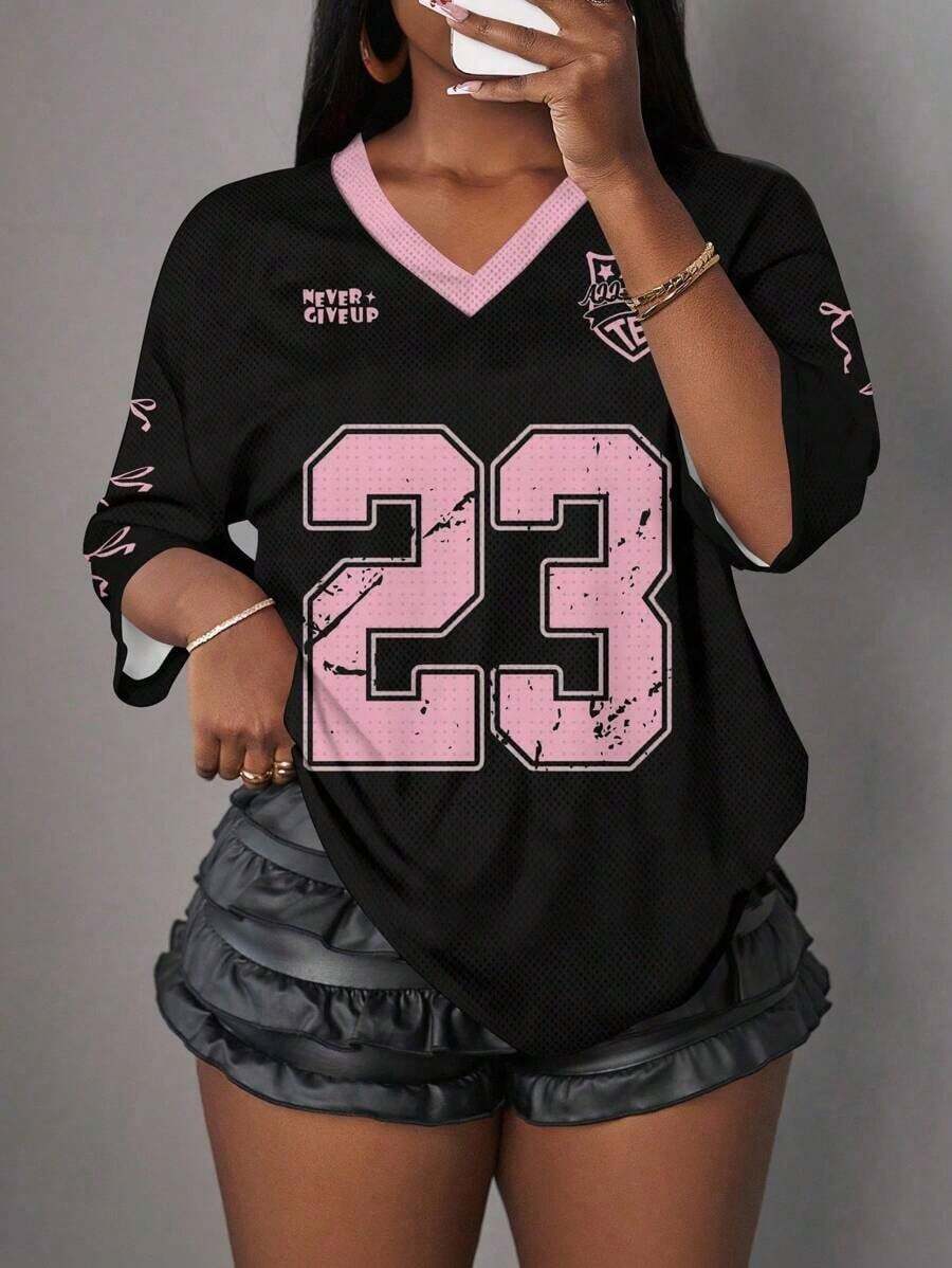 Camiseta de mujer con gráfico de letras y números, de estilo minimalista y casual, adecuada para el verano - Multicolor 3 - Ver 1