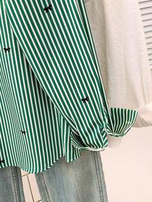 Camisa de manga larga con estampado a rayas y lazo, con botones delanteros, cuello de camisa, top casual, adecuado para primavera, otoño e invierno en color rosa - Verde - Ver 8
