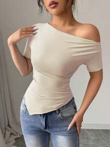 Camiseta ajustada elástica de punto con hombros oblicuos, drapeado y borde asimétrico, casual y de moda, blusa elástica para mujer para primavera/verano - Albaricoque - Ver 3