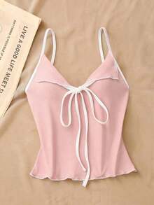 Top de tirantes con lazo y ribete de lechuga en contraste, elegante y ajustado, top para salir para mujeres, apto para el estilo del milenio - Rosa - Ver 6