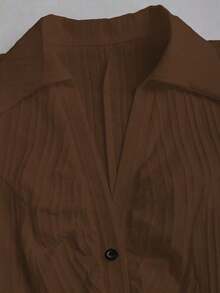 Blusa elegante de mujer con cuello en V y abotonadura sencilla, de manga corta y con rayas blancas, para primavera/verano - Marrón - Ver 4